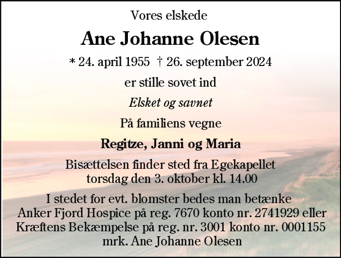 Dødsannonce for Ane Johanne Olesen