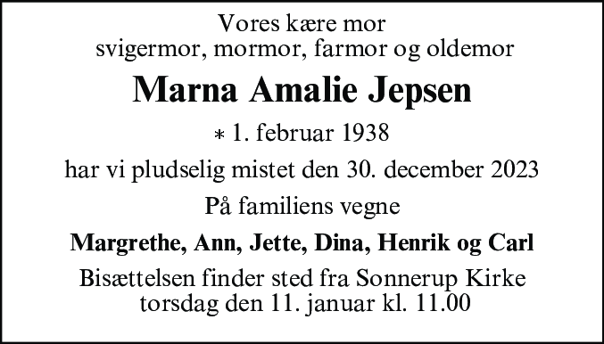 Dødsannonce for Marna Amalie Jepsen