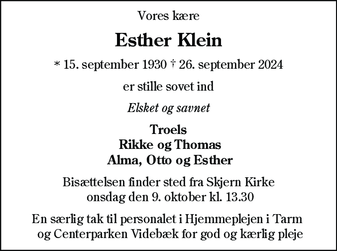 Dødsannonce for Esther Klein