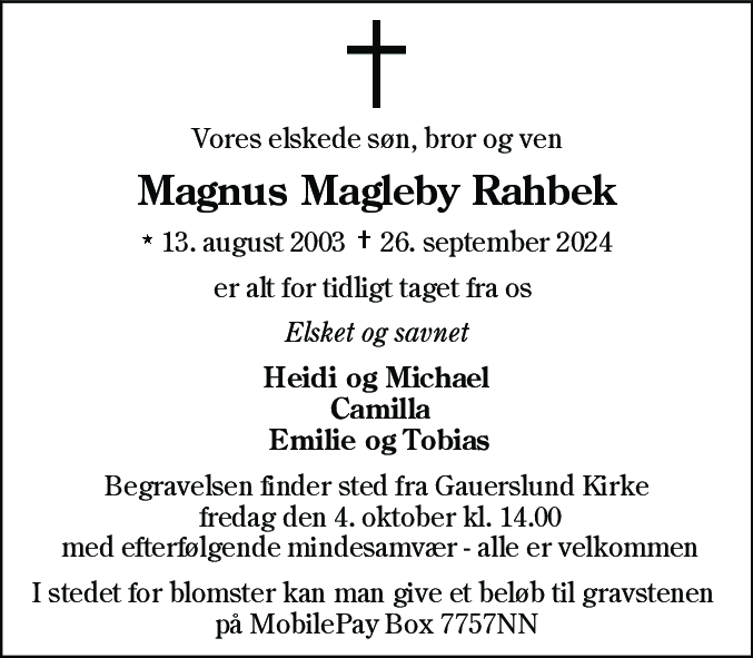 Dødsannonce for Magnus Magleby Rahbek