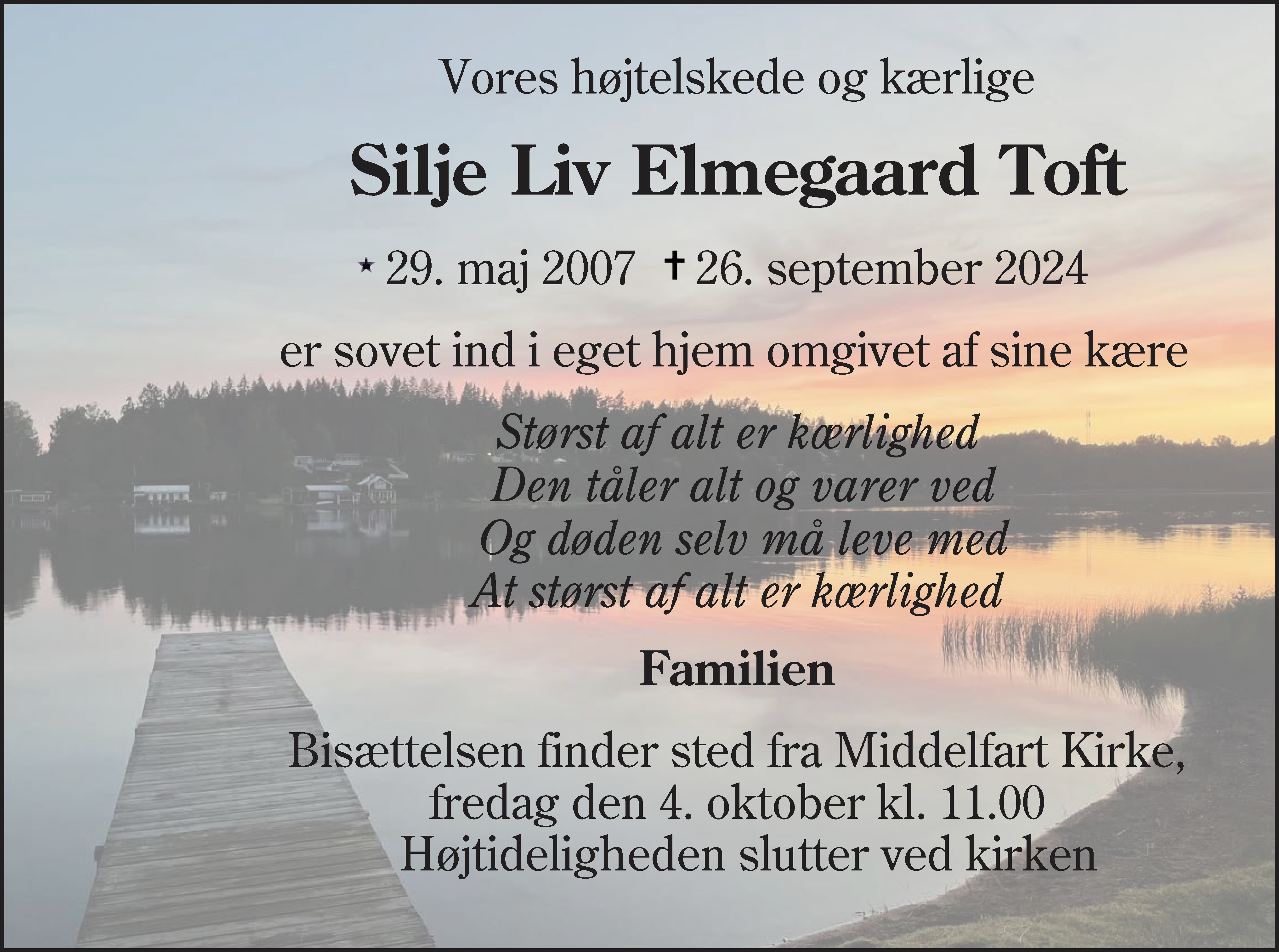Dødsannonce for Silje Liv Elmegaard Toft