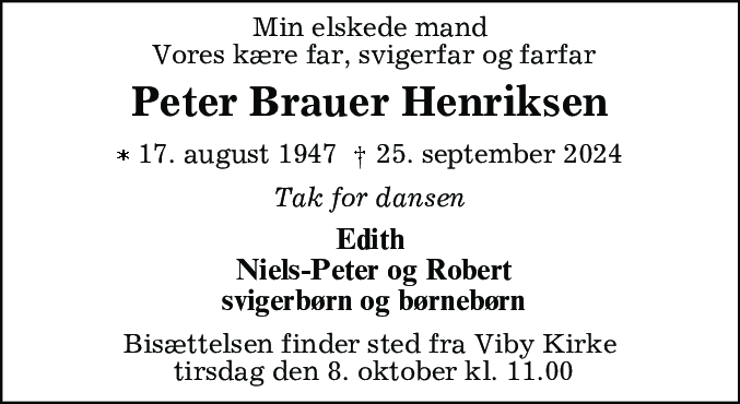 Dødsannonce for Peter Brauer Henriksen