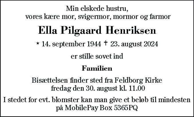 Dødsannonce for Ella Pilgaard Henriksen