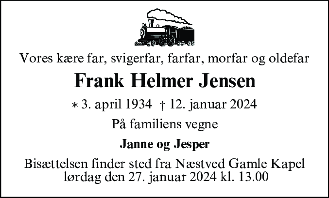 Dødsannonce for Frank Helmer Jensen