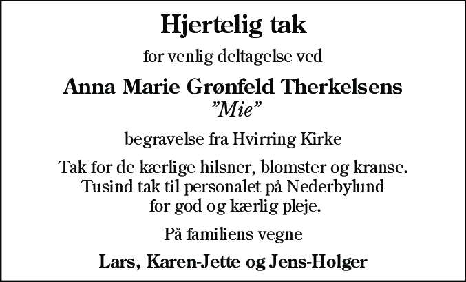 Dødsannonce for Anna Marie Grønfeld Therkelsen