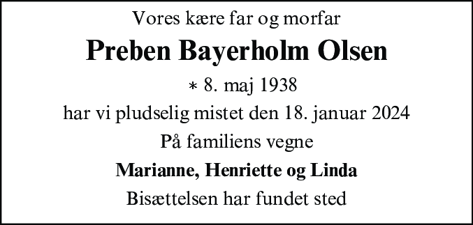 Dødsannonce for Preben Bayerholm Olsen