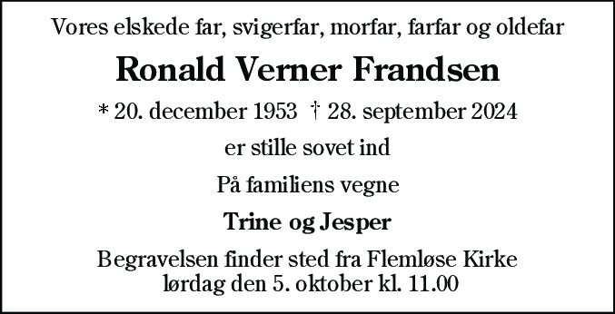 Dødsannonce for Ronald Verner Frandsen