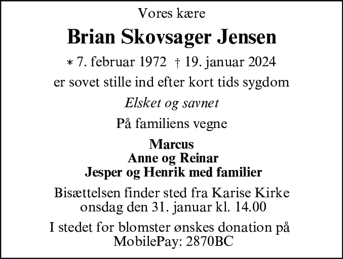 Dødsannonce for Brian Skovsager Jensen