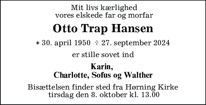 Dødsannonce for Otto Trap Hansen