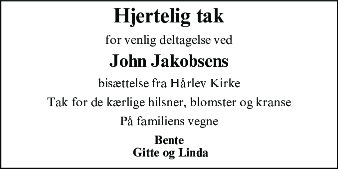 Dødsannonce for John Ole Jakobsen