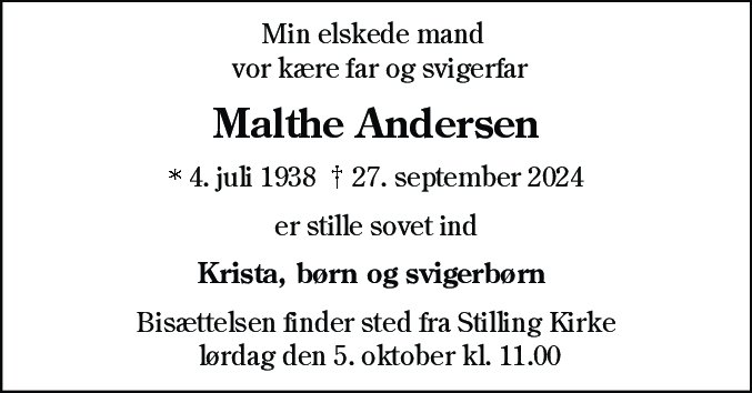 Dødsannonce for Malthe Andersen