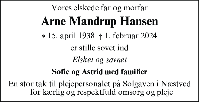 Dødsannonce for Arne Mandrup Hansen