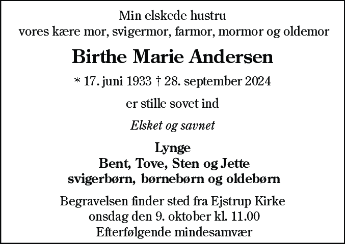 Dødsannonce for Birthe Marie Andersen