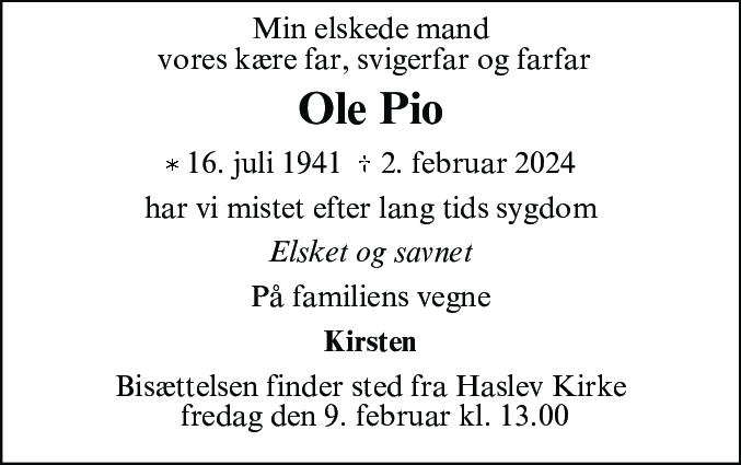 Dødsannonce for Ole Pio