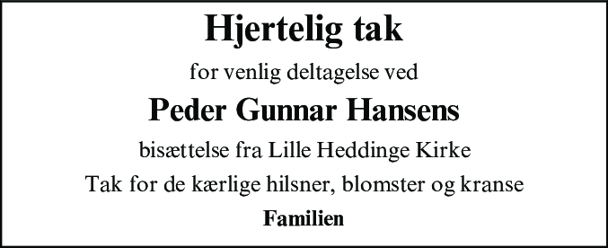 Dødsannonce for Peder Gunnar Hansen