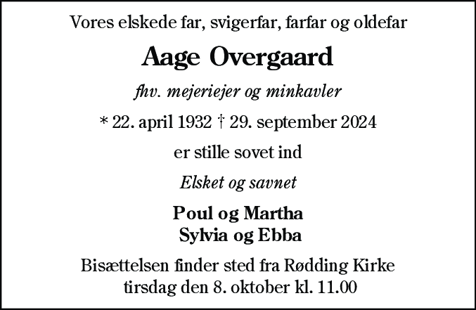 Dødsannonce for Aage Overgaard