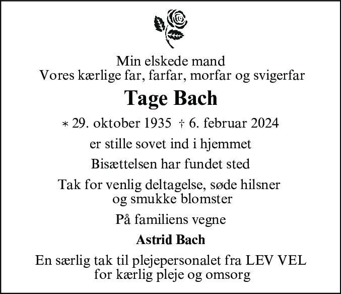 Dødsannonce for Tage Bach