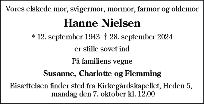 Dødsannonce for Hanne Nielsen