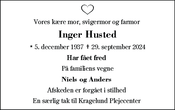 Dødsannonce for Inger Elna Betty Husted