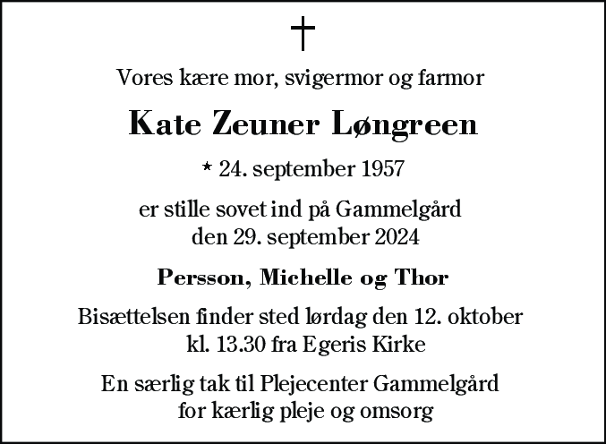 Dødsannonce for Kate Zeuner Løngreen