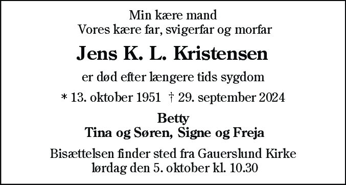 Dødsannonce for Jens Kristian Lorentzen Kristensen