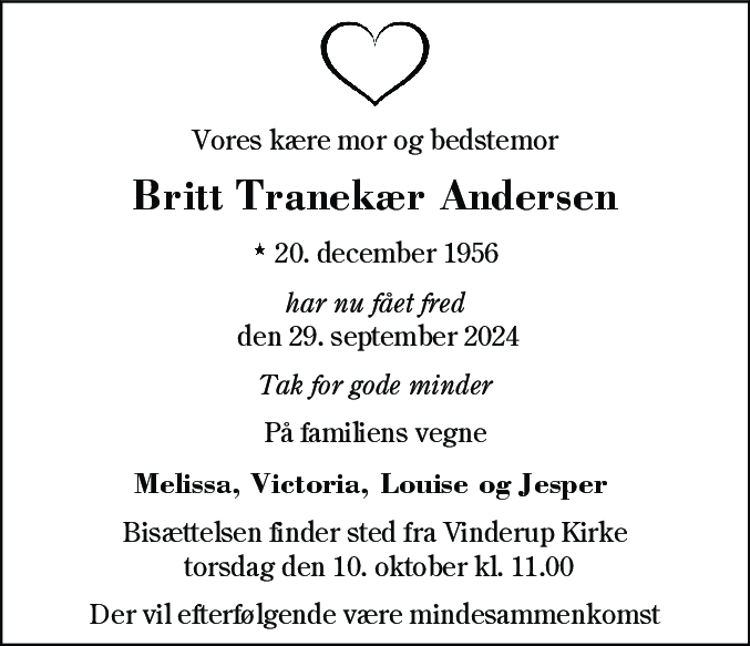 Dødsannonce for Britt Tranekær Andersen