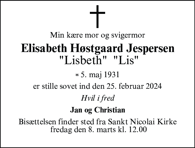 Dødsannonce for Elisabeth Høstgaard Jespersen