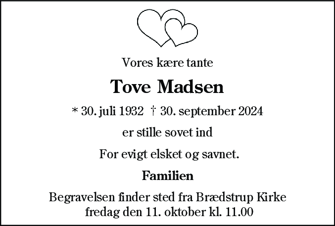 Dødsannonce for Tove Madsen