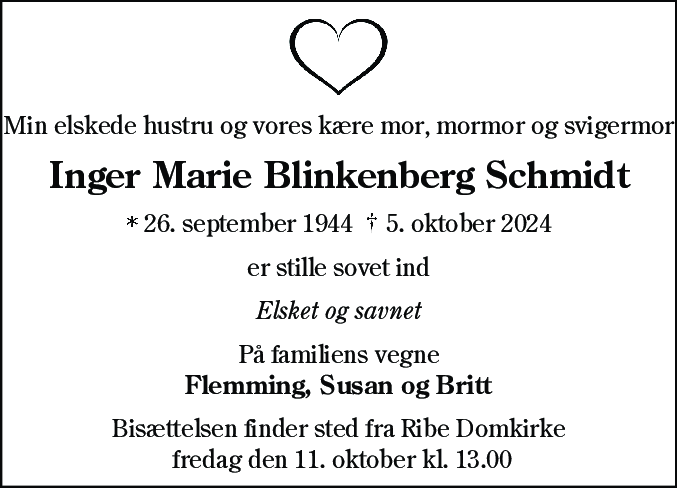 Dødsannonce for Inger Marie Blinkenberg Schmidt