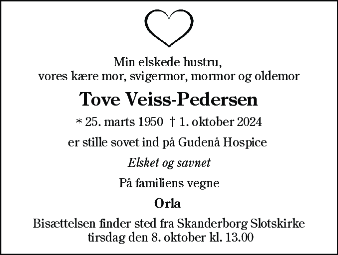 Dødsannonce for Tove Agnethe Jessen Veiss-Pedersen