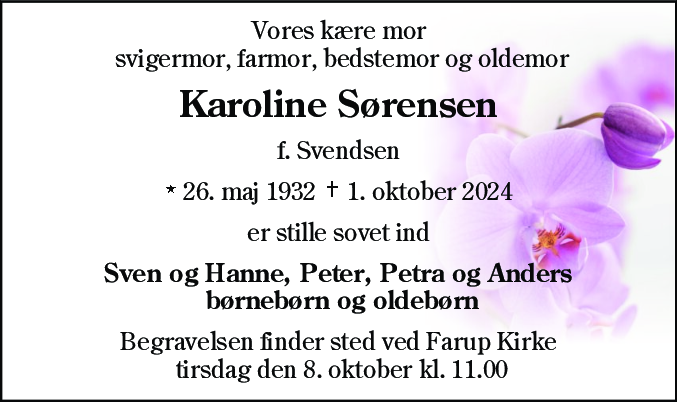 Dødsannonce for Karoline Sørensen