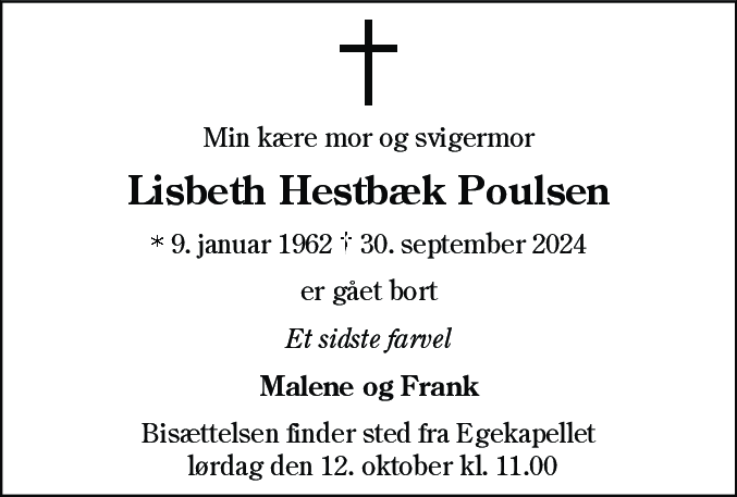 Dødsannonce for Lisbeth Hestbæk Poulsen