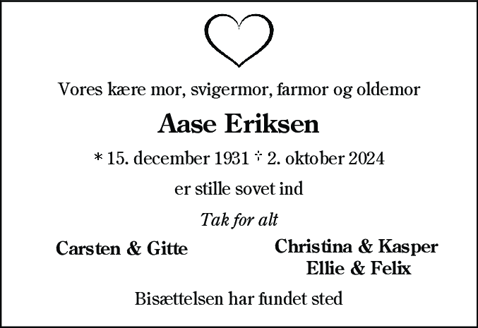 Dødsannonce for Aase Eriksen
