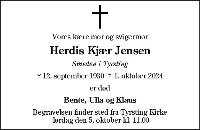 Dødsannonce for Herdis Jensen