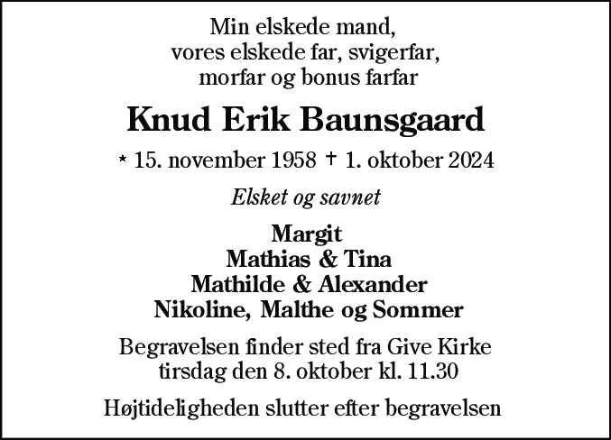 Dødsannonce for Knud Erik Baunsgaard