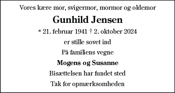Dødsannonce for Gunhild Jensen