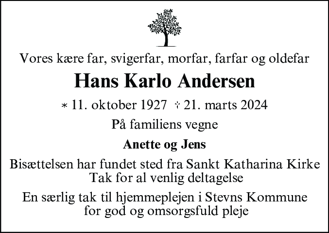 Dødsannonce for Hans Karlo Andersen