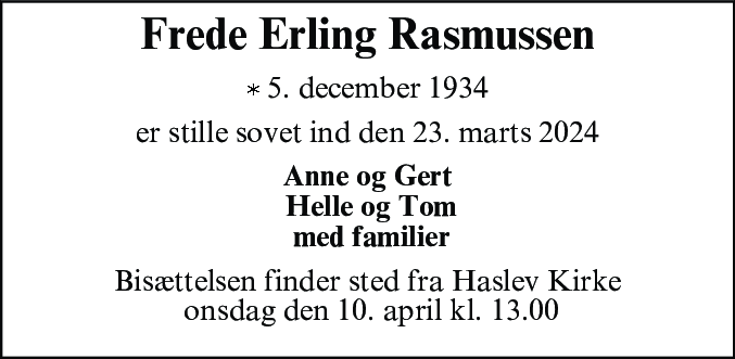 Dødsannonce for Frede Erling Rasmussen