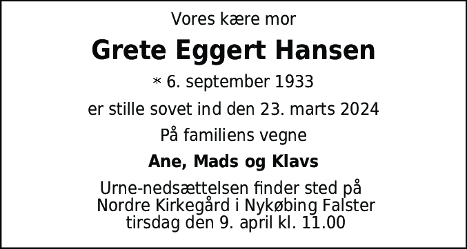 Dødsannonce for Grete Eggert Hansen
