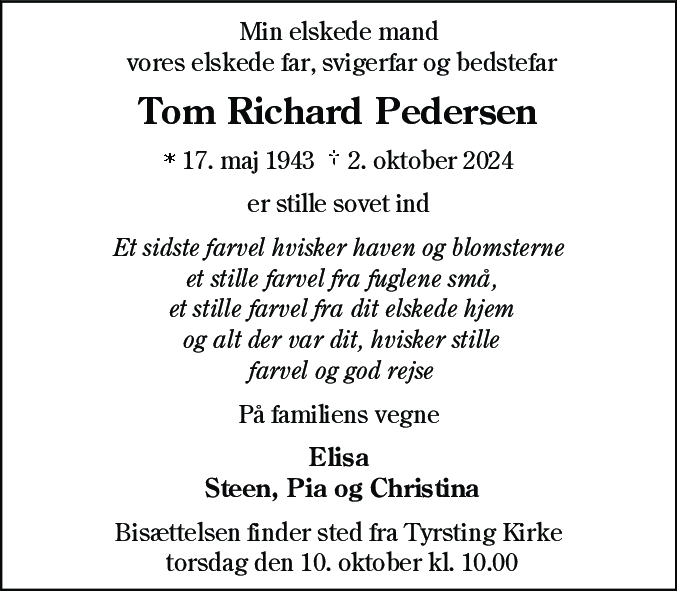 Dødsannonce for Tom Richard Pedersen