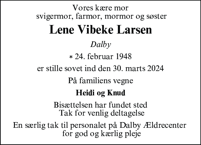 Dødsannonce for Lene Vibeke Larsen