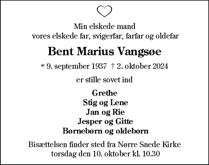 Dødsannonce for Bent Marius Vangsøe