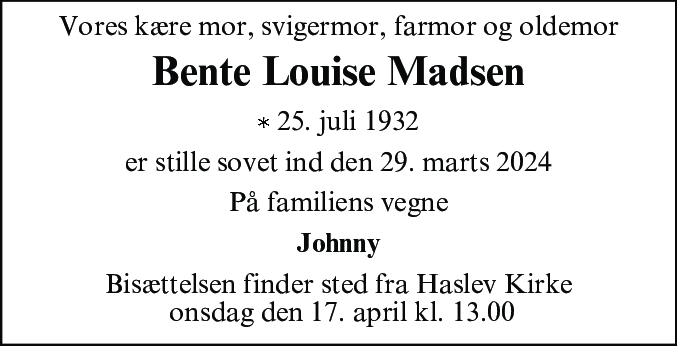 Dødsannonce for Bente Louise Madsen