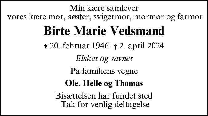 Dødsannonce for Birte Marie Vedsmand