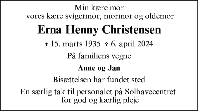 Dødsannonce for Erna Henny Christensen
