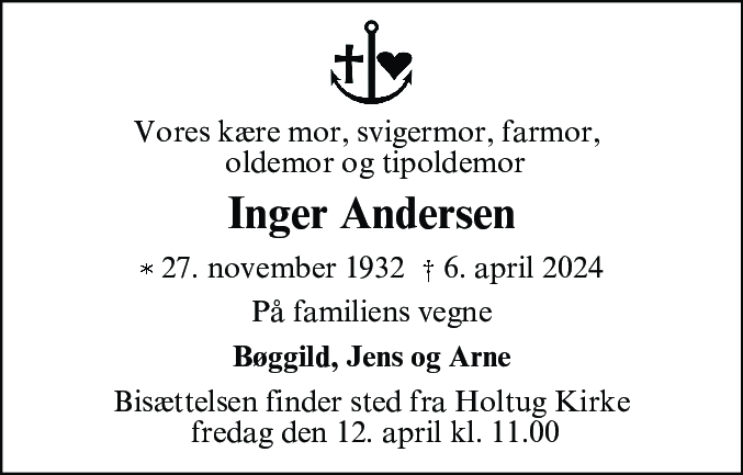 Dødsannonce for Inger Andersen