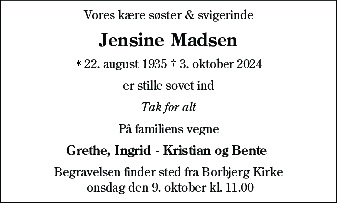 Dødsannonce for Jensine Madsen