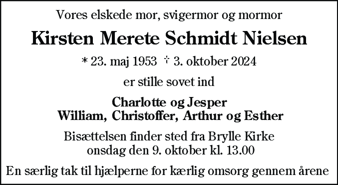 Dødsannonce for Kirsten Merete Schmidt Nielsen