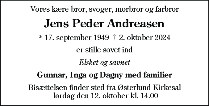 Dødsannonce for Jens Peder Andreasen