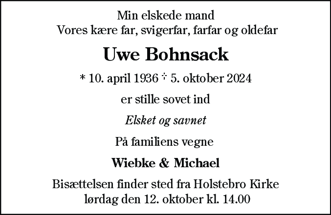 Dødsannonce for Uwe Franz Max Bohnsack